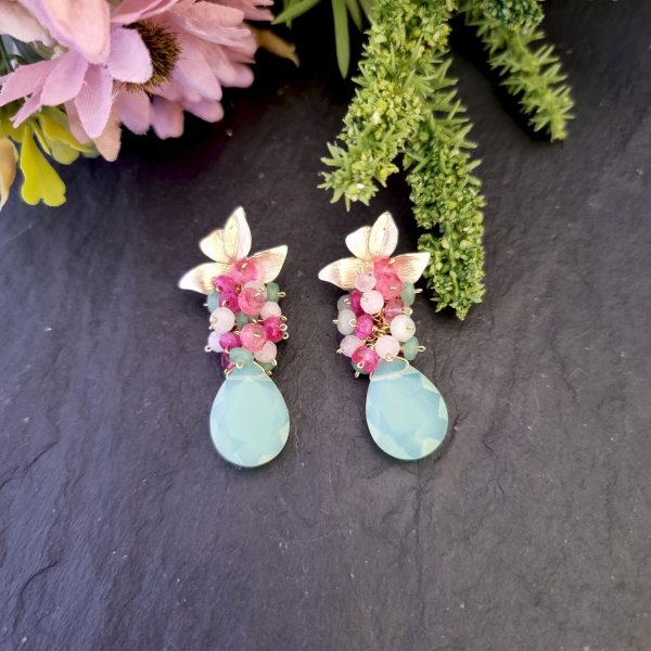 Pendientes de racimo con cuarzo opal verde, jade, morganita y topacio rosa