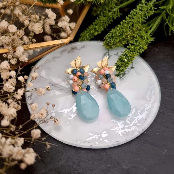 Pendientes de racimo con jade azul, nude y perlas de swarovski pink coral y light blue