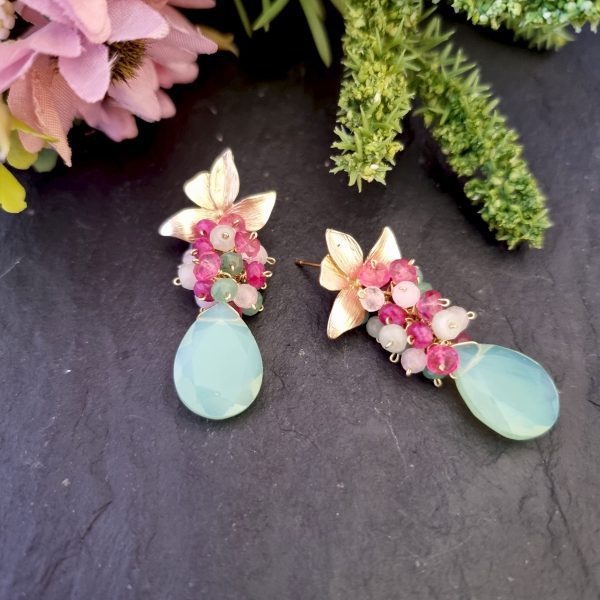 Pendientes de racimo con cuarzo opal verde, jade, morganita y topacio rosa - Imagen 4