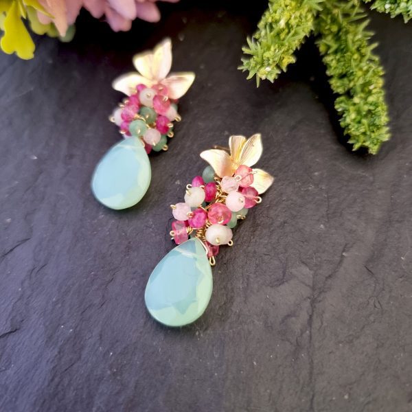 Pendientes de racimo con cuarzo opal verde, jade, morganita y topacio rosa - Imagen 5