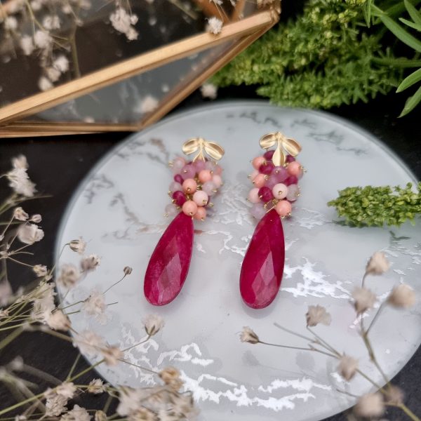 Pendientes de racimo con rubí, jade malva, fucsia, lila, coral rosa y pink coral de swarovski